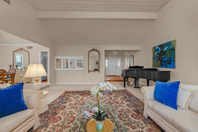 carpeted living room featuring lofted ceiling with beams, visible vents, and baseboards