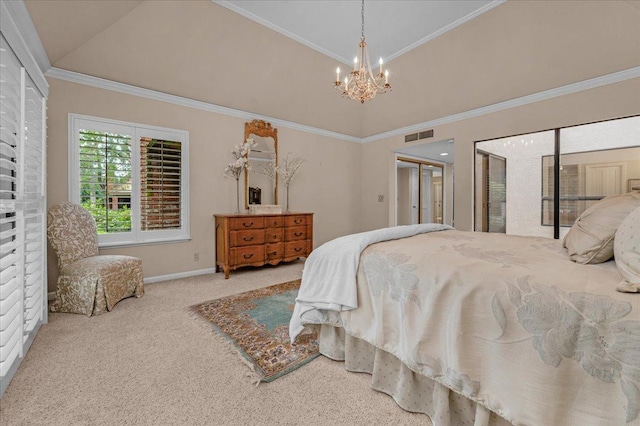 bedroom with visible vents, carpet, vaulted ceiling, crown molding, and a notable chandelier