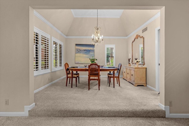 carpeted dining space featuring lofted ceiling, visible vents, an inviting chandelier, ornamental molding, and baseboards