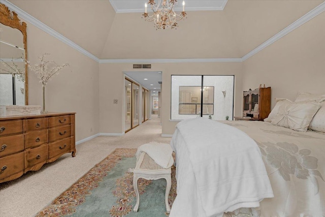 bedroom featuring a chandelier, light colored carpet, visible vents, baseboards, and crown molding