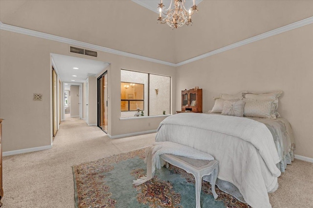 carpeted bedroom featuring baseboards, visible vents, a chandelier, and crown molding