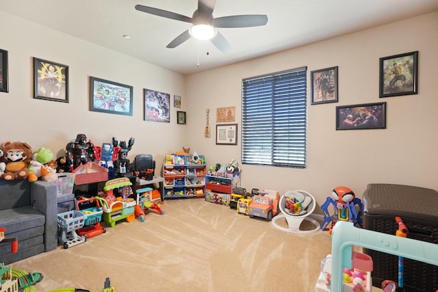 playroom with carpet flooring and ceiling fan