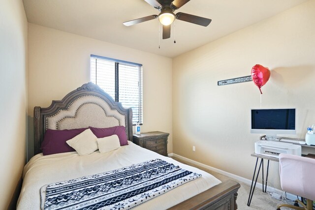 bedroom featuring carpet, ceiling fan, and baseboards