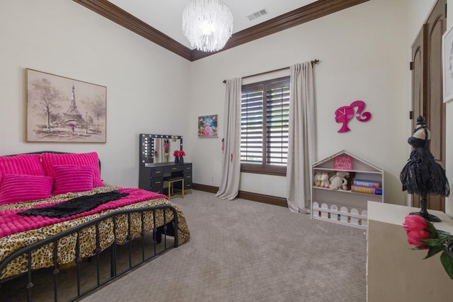 carpeted bedroom featuring visible vents, crown molding, baseboards, and an inviting chandelier