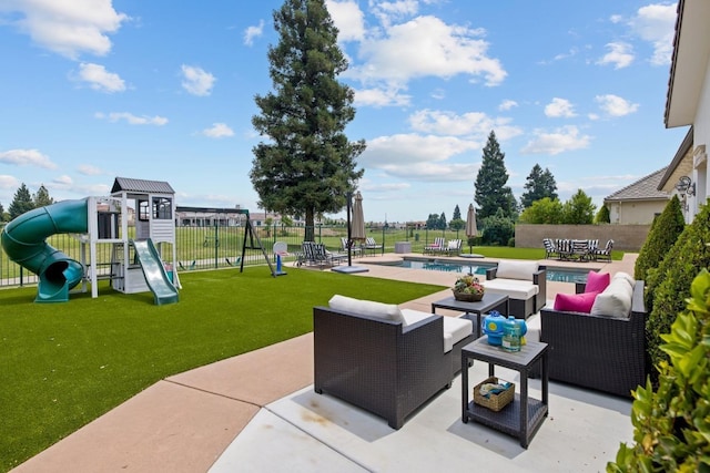 view of patio / terrace featuring a fenced backyard, a fenced in pool, an outdoor living space, and playground community