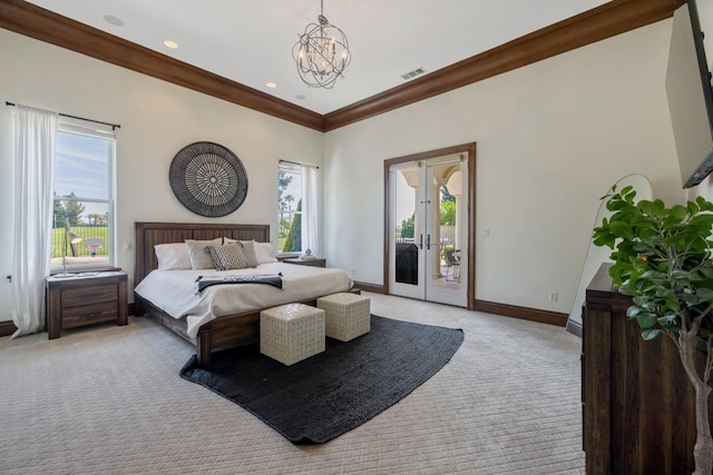 bedroom with light carpet, access to outside, multiple windows, and crown molding