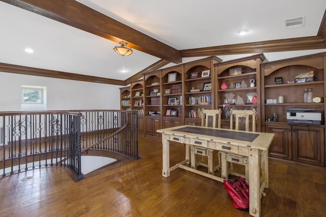 interior space featuring lofted ceiling with beams, visible vents, dark wood-type flooring, and an upstairs landing