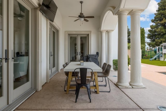 view of patio with ceiling fan, outdoor dining area, a playground, and french doors