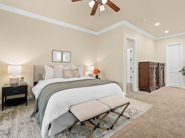 carpeted bedroom featuring recessed lighting, crown molding, baseboards, and ceiling fan