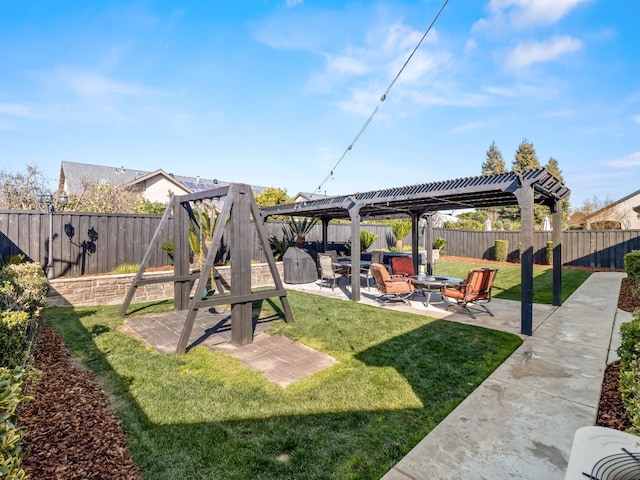 view of yard with an outdoor fire pit, a fenced backyard, a patio, and a pergola