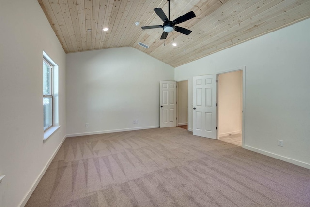 40865 Cold Springs Ln, Shaver Lake, CA 93664 - unfurnished bedroom with vaulted ceiling, wood ceiling, carpet flooring, baseboards, and recessed lighting