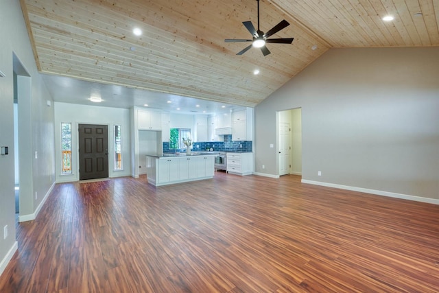 40865 Cold Springs Ln, Shaver Lake, CA 93664 - unfurnished living room featuring ceiling fan, wood ceiling, dark wood-style flooring, high vaulted ceiling, and baseboards