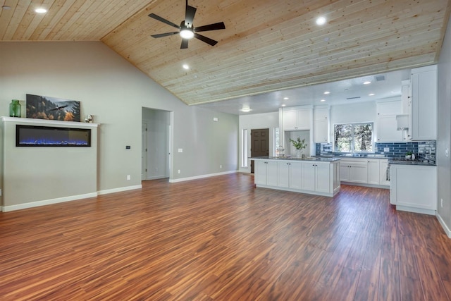 40865 Cold Springs Ln, Shaver Lake, CA 93664 - unfurnished living room with high vaulted ceiling, a ceiling fan, dark wood-type flooring, wood ceiling, and baseboards