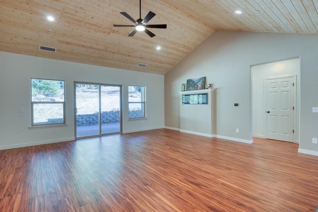 40865 Cold Springs Ln, Shaver Lake, CA 93664 - unfurnished living room with high vaulted ceiling, ceiling fan, wooden ceiling, wood finished floors, and healthy amount of natural light