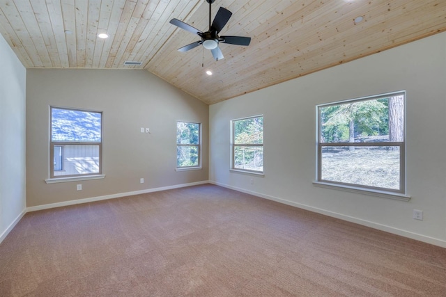 40865 Cold Springs Ln, Shaver Lake, CA 93664 - empty room featuring baseboards, wood ceiling, carpet, vaulted ceiling, and recessed lighting