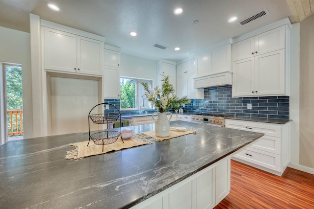 40865 Cold Springs Ln, Shaver Lake, CA 93664 - kitchen featuring stove, light wood finished floors, white cabinetry, decorative backsplash, and recessed lighting