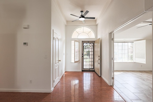 foyer entrance with a ceiling fan, a healthy amount of sunlight, and wood finished floors