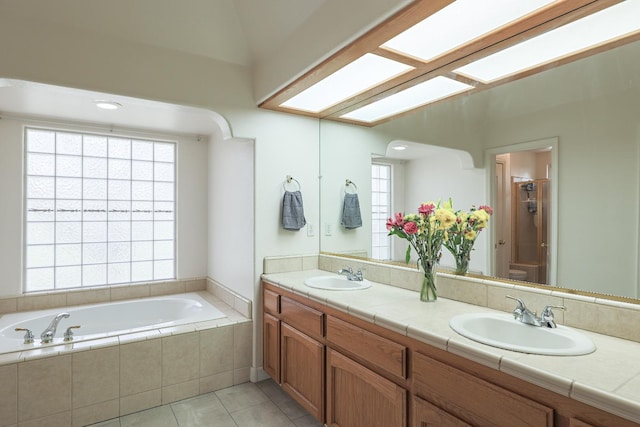 full bathroom with a garden tub, a sink, and a healthy amount of sunlight