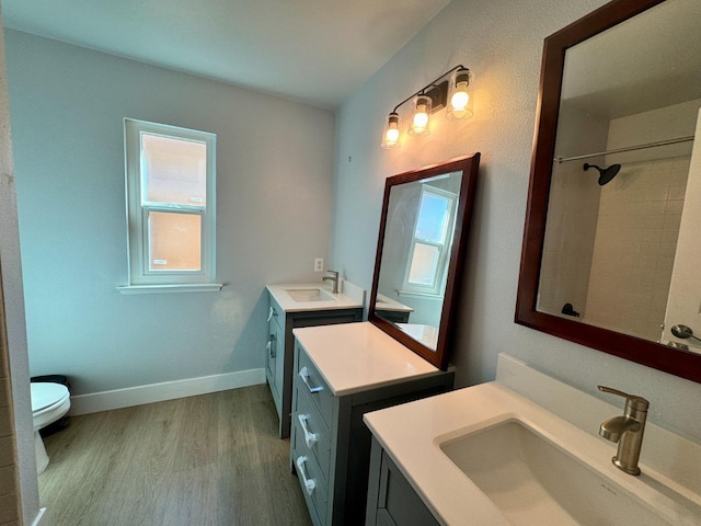 full bath featuring two vanities, a sink, toilet, and wood finished floors