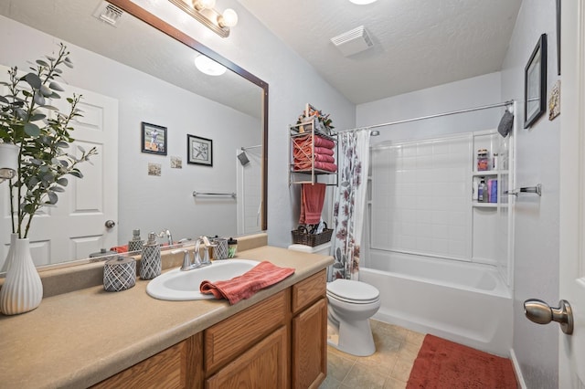 full bath with shower / bath combination with curtain, toilet, a textured ceiling, vanity, and tile patterned flooring