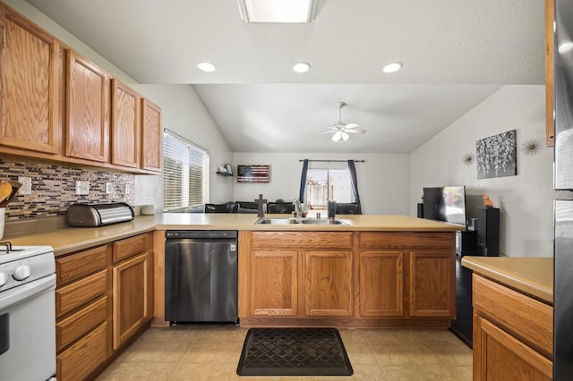 kitchen featuring a peninsula, electric range, a sink, vaulted ceiling, and dishwasher