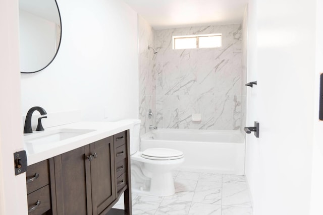 full bath with marble finish floor, bathing tub / shower combination, vanity, and toilet