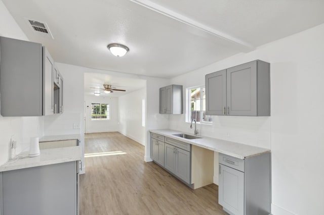 kitchen with gray cabinets, a sink, visible vents, and light wood-style floors