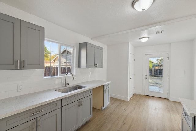 kitchen with gray cabinetry, a sink, visible vents, light wood-type flooring, and backsplash