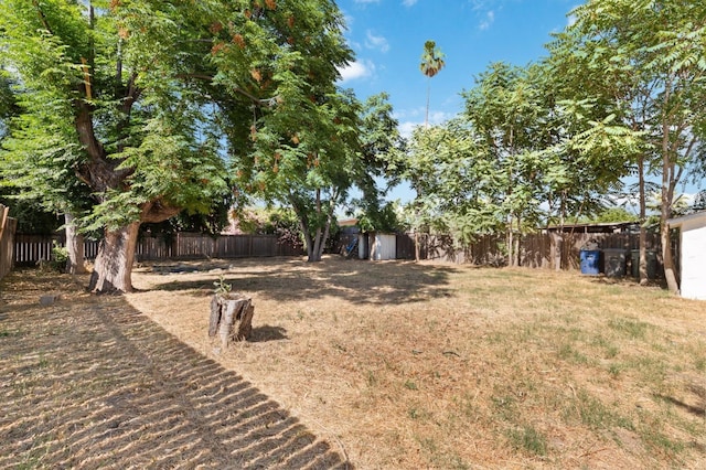 view of yard with a shed, an outdoor structure, and a fenced backyard