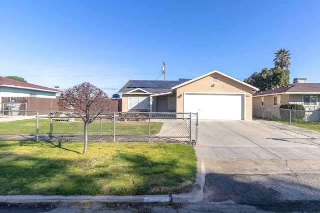 ranch-style home featuring a fenced front yard, a front yard, stucco siding, a garage, and driveway