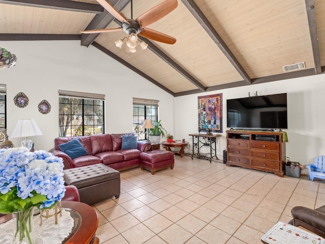 living room featuring high vaulted ceiling, wooden ceiling, light tile patterned flooring, visible vents, and beamed ceiling