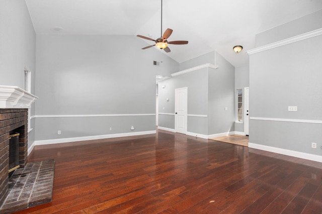 unfurnished living room featuring a fireplace, visible vents, baseboards, a ceiling fan, and wood-type flooring