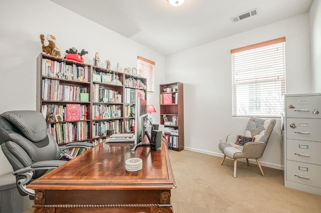 4466 W Artemisa Dr, Fresno, CA 93722 - office area featuring baseboards, visible vents, and light colored carpet