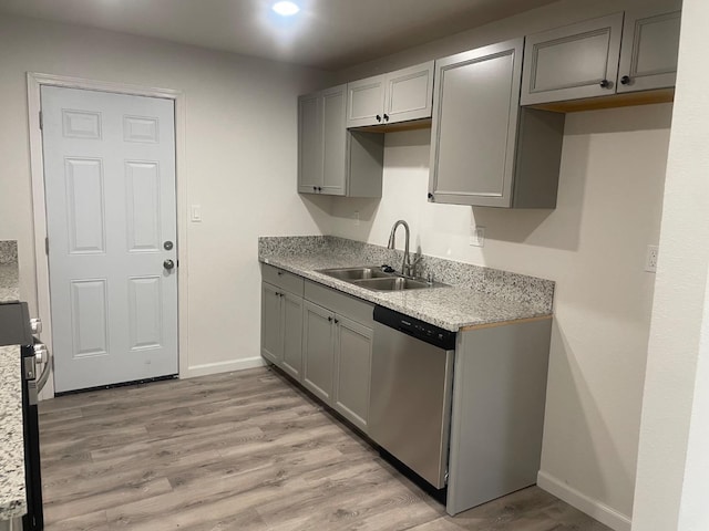 kitchen with appliances with stainless steel finishes, a sink, and gray cabinetry