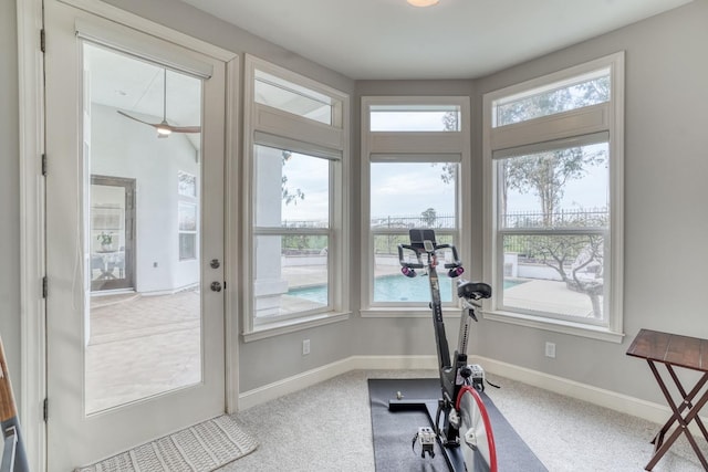 exercise room with carpet floors and baseboards