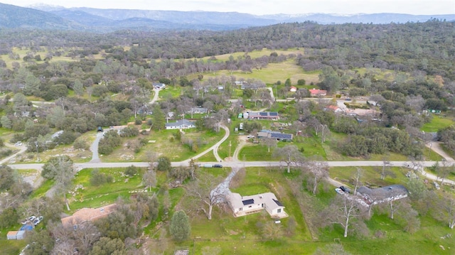 birds eye view of property with a mountain view and a forest view