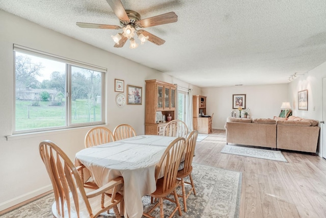 dining room featuring light wood finished floors, ceiling fan, baseboards, and a textured ceiling