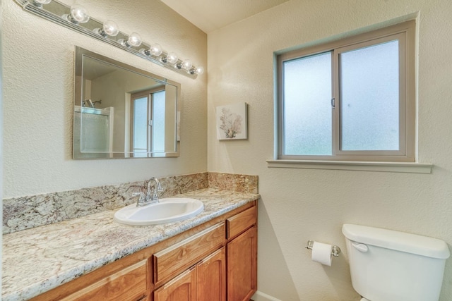 full bathroom featuring toilet, a shower, and vanity