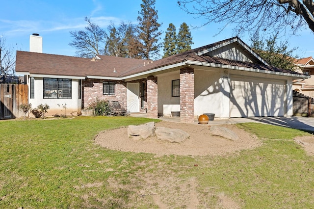 view of front of house featuring a chimney, an attached garage, a front yard, fence, and driveway