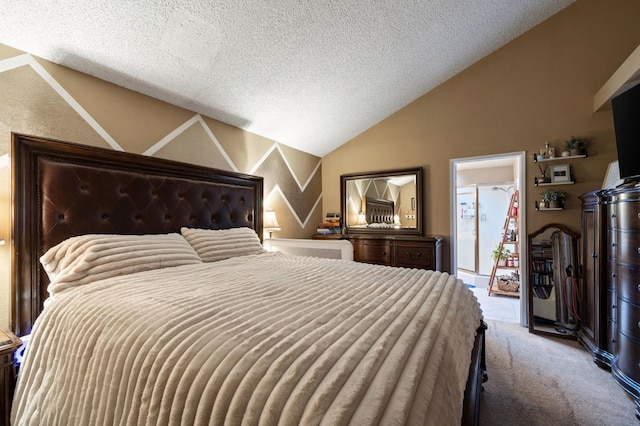 carpeted bedroom with lofted ceiling and a textured ceiling