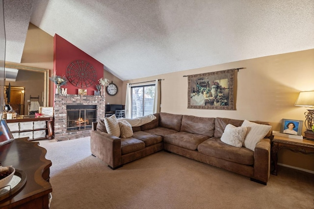 living area with vaulted ceiling, carpet floors, a textured ceiling, and a brick fireplace