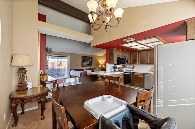 dining room with a notable chandelier, light colored carpet, visible vents, beamed ceiling, and baseboards