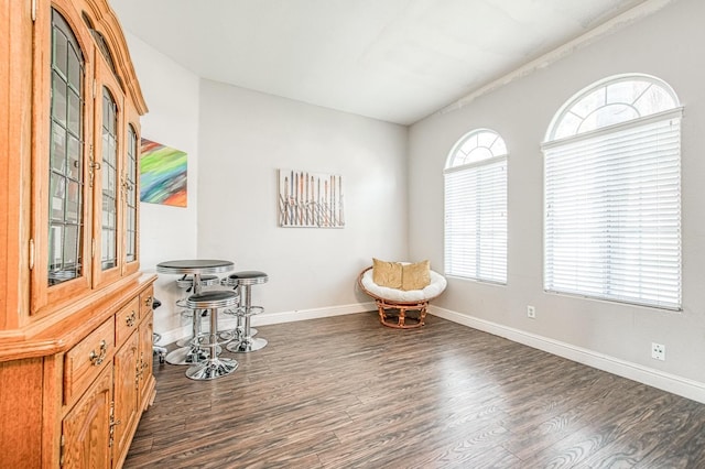 living area with dark wood-style floors and baseboards