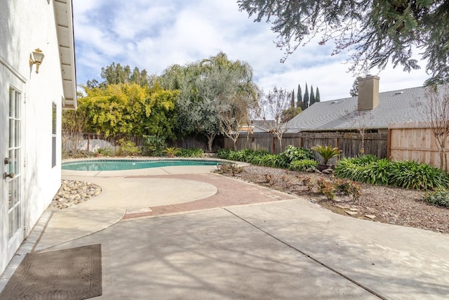 view of swimming pool featuring a fenced backyard, a fenced in pool, and a patio