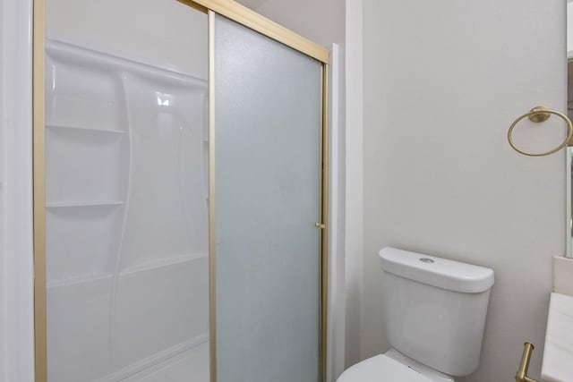 full bathroom featuring a stall shower and toilet