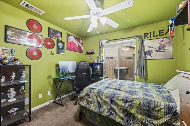 bedroom featuring a ceiling fan, carpet, visible vents, and baseboards