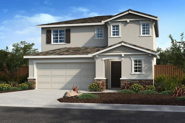 view of front facade featuring a garage, fence, stone siding, driveway, and stucco siding