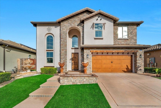 view of front of home with driveway, stone siding, a garage, and stucco siding