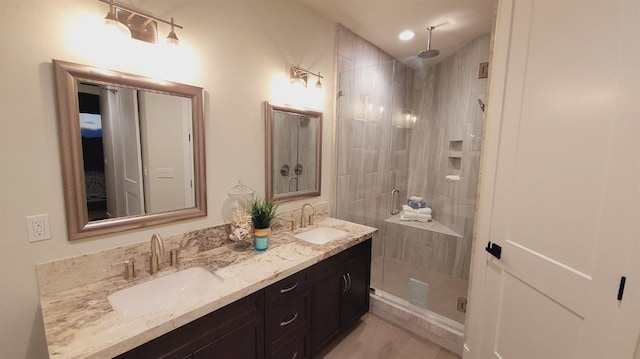 29030 Crystal Spings Ct, Coarsegold, CA 93614 - bathroom with a shower stall, double vanity, and a sink