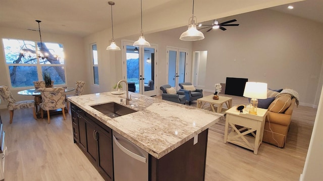 29030 Crystal Spings Ct, Coarsegold, CA 93614 - kitchen with a sink, a chandelier, dishwasher, open floor plan, and lofted ceiling